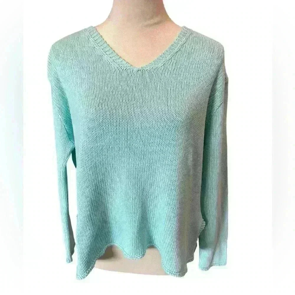 United Knitwear Sweater Women’s XL Turquoise Blue V-neck Cotton Loose Knit